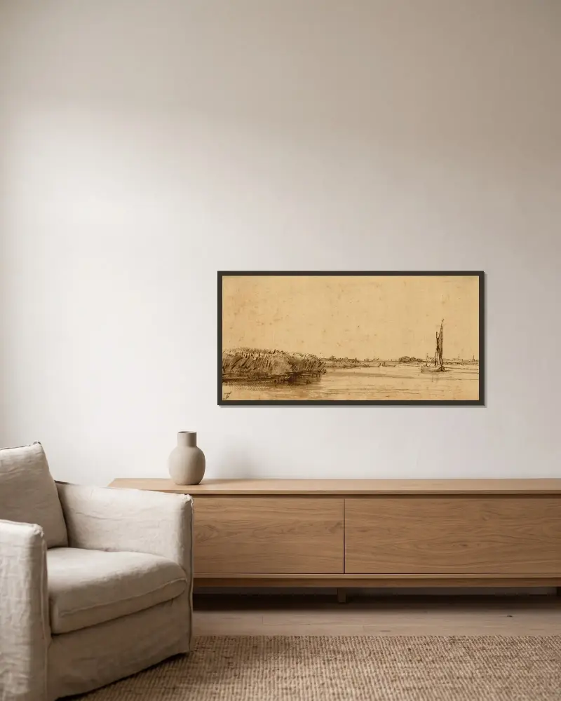 Ein Segelboot auf weitem Wasser von Rembrandt van Rijn gerahmt an einer Wand