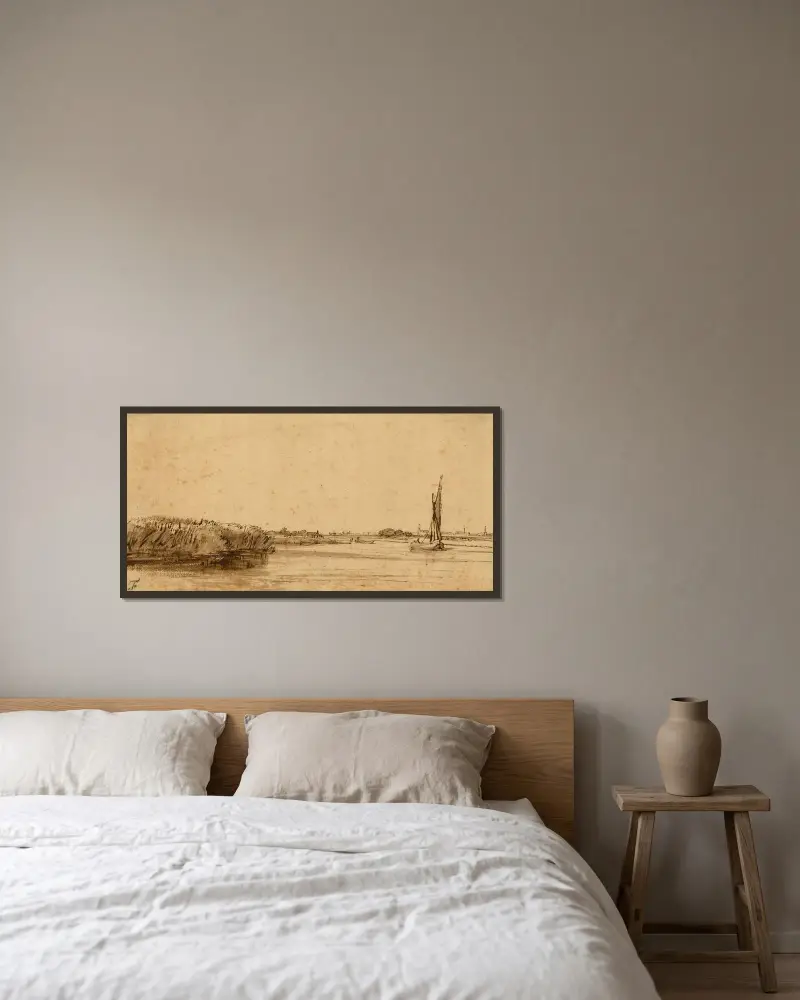 Ein Segelboot auf weitem Wasser von Rembrandt van Rijn gerahmt an einer Wand