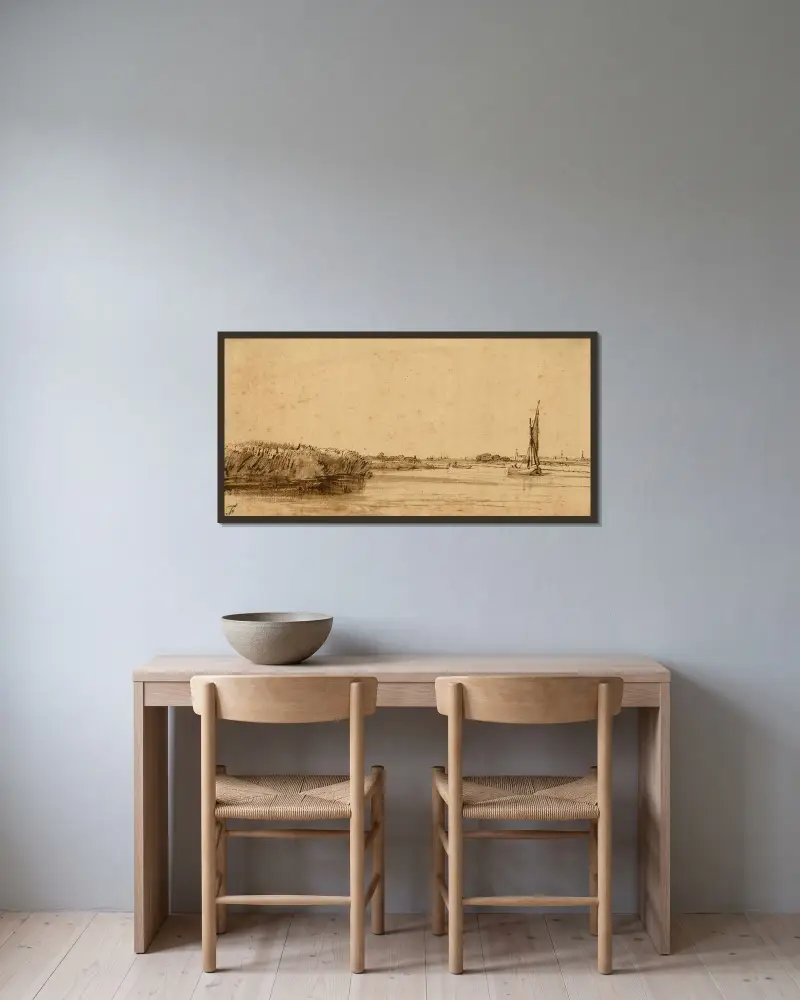 Ein Segelboot auf weitem Wasser von Rembrandt van Rijn gerahmt an einer Wand