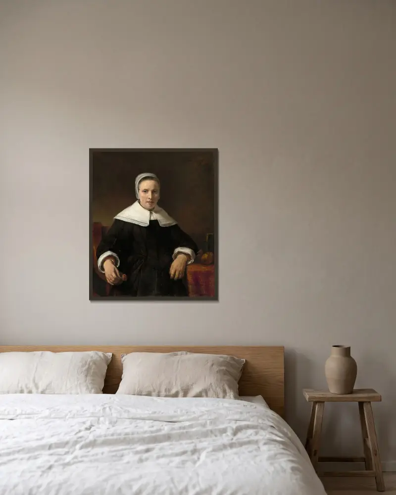 A Woman Holding a Pink av Rembrandt van Rijn inramad på en vägg