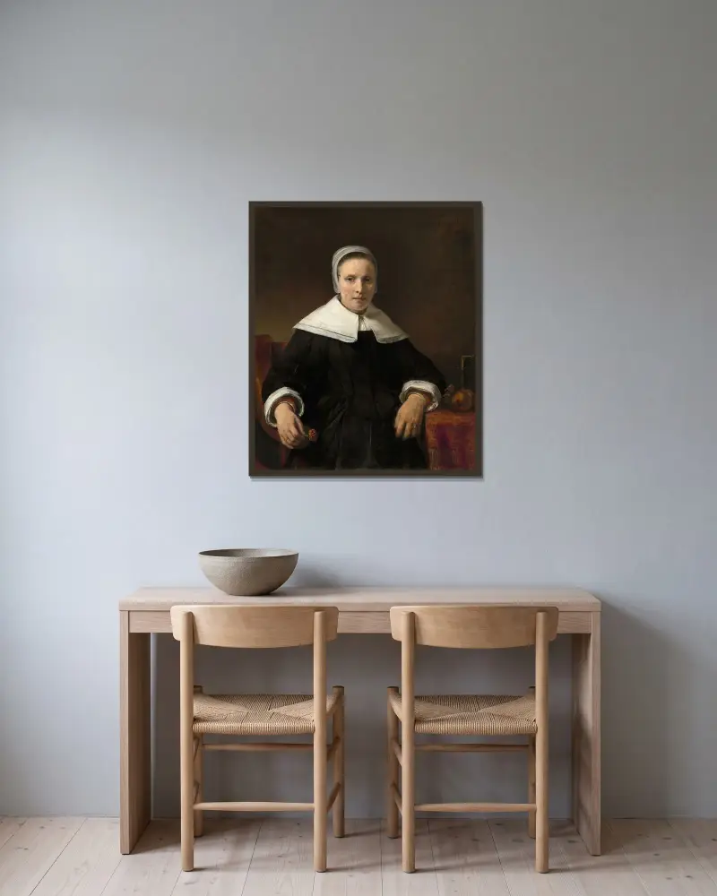 A Woman Holding a Pink av Rembrandt van Rijn inramad på en vägg