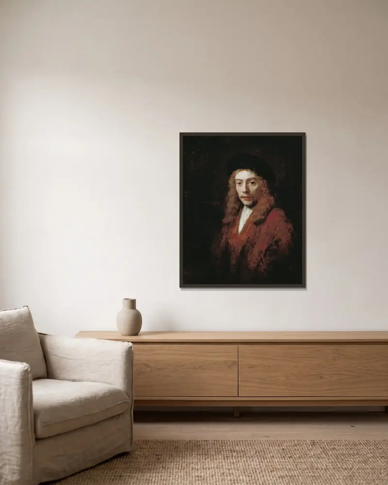 Ung man, möjligen konstnärens son Titus av Rembrandt van Rijn inramad på en vägg