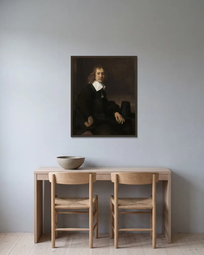 Junger Mann an einem Tisch (möglicherweise Govaert Flinck) von Rembrandt van Rijn gerahmt an einer Wand
