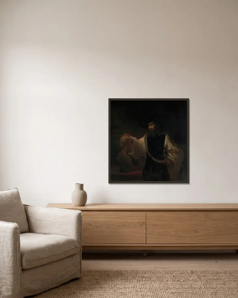 Aristoteles med Homers byst av Rembrandt van Rijn inramad på en vägg