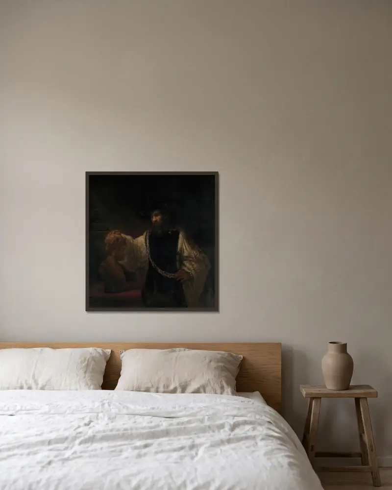 Aristoteles med Homers byst av Rembrandt van Rijn inramad på en vägg