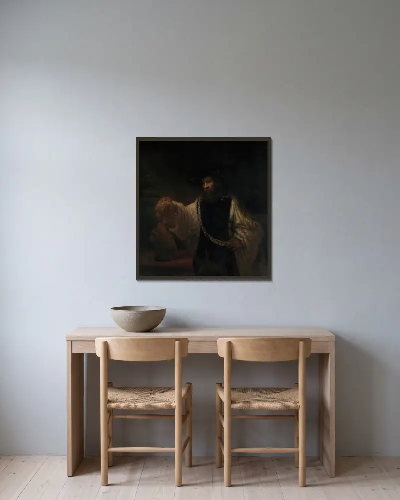 Aristoteles med Homers byst av Rembrandt van Rijn inramad på en vägg