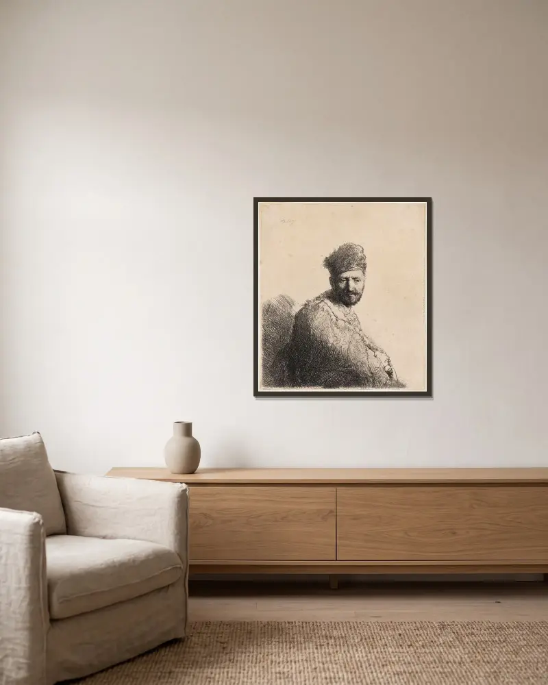 Skäggig man i pälsbrämad orientmössa och rock av Rembrandt van Rijn inramad på en vägg