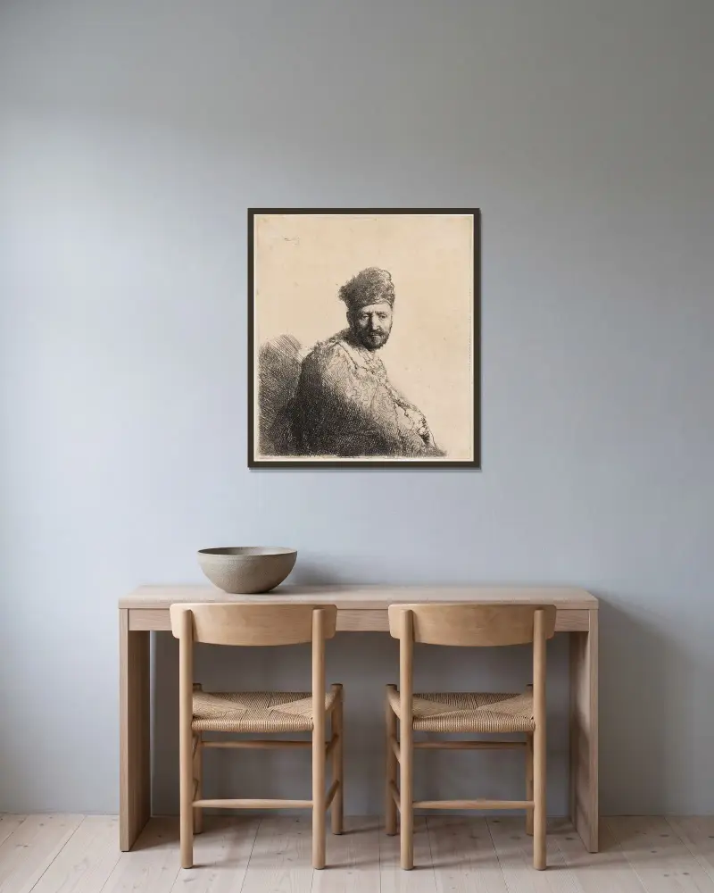 Skäggig man i pälsbrämad orientmössa och rock av Rembrandt van Rijn inramad på en vägg