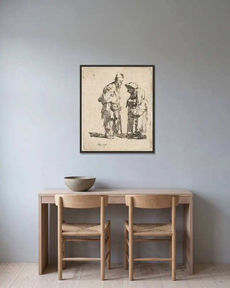 Tiggare, man och kvinna, i samspråk av Rembrandt van Rijn inramad på en vägg
