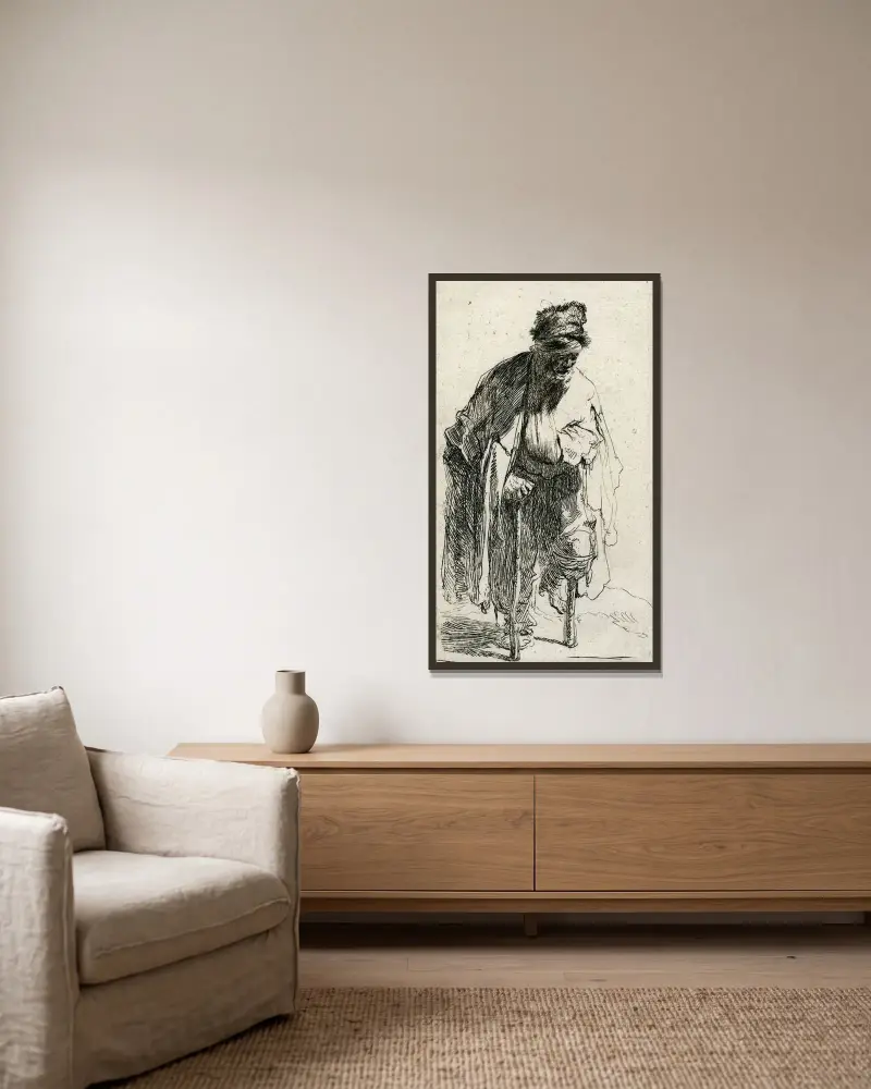 Bettler mit Holzbein von Rembrandt van Rijn gerahmt an einer Wand