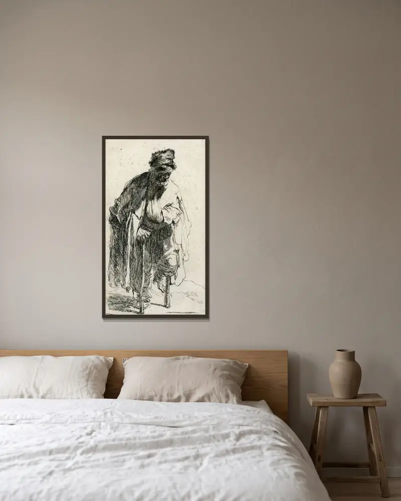 Bettler mit Holzbein von Rembrandt van Rijn gerahmt an einer Wand