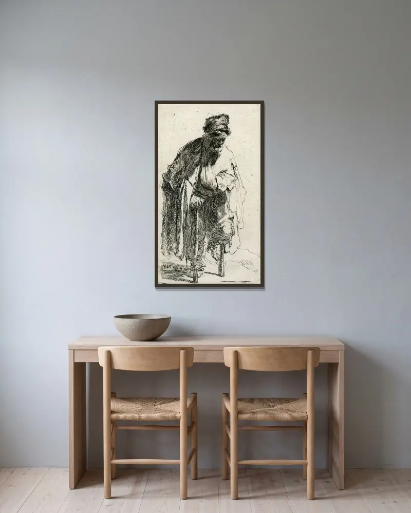 Bettler mit Holzbein von Rembrandt van Rijn gerahmt an einer Wand