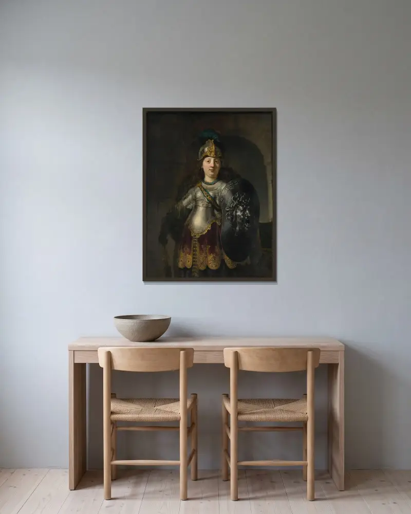 Bellona von Rembrandt van Rijn gerahmt an einer Wand