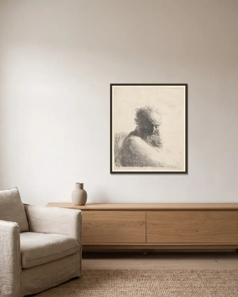 Bust of an Old Bearded Man, Looking Down av Rembrandt van Rijn inramad på en vägg