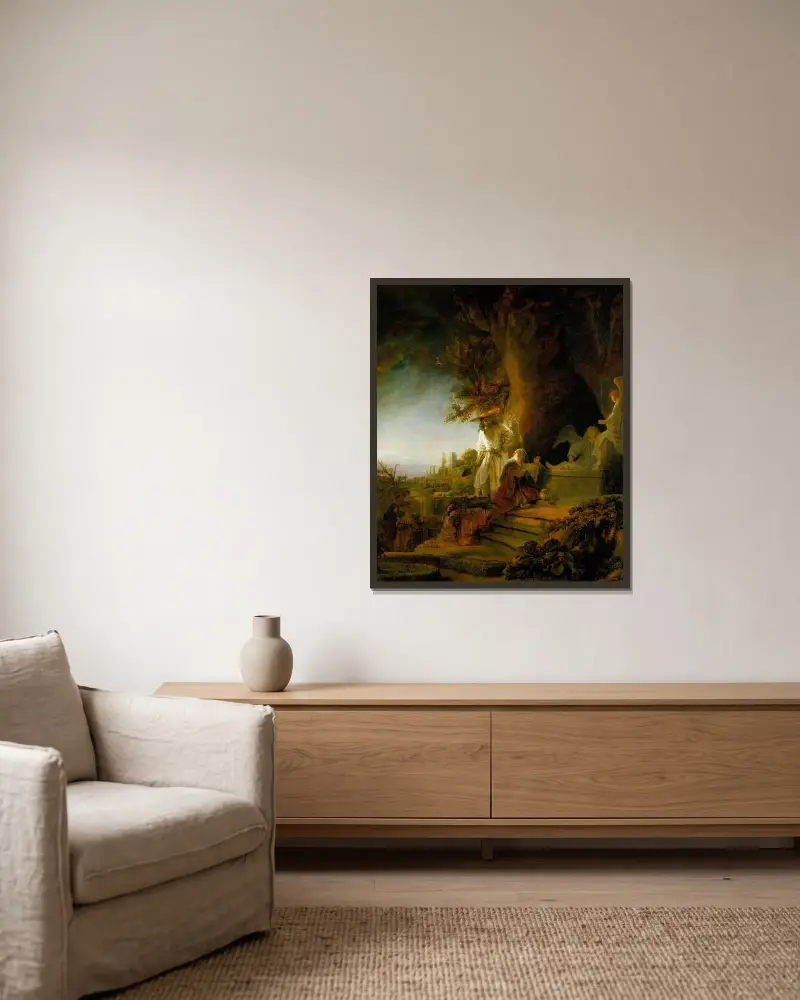 Kristus och Maria Magdalena vid graven av Rembrandt van Rijn inramad på en vägg
