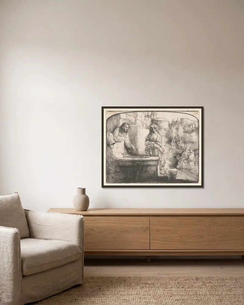 Christus und die Samariterin von Rembrandt van Rijn gerahmt an einer Wand
