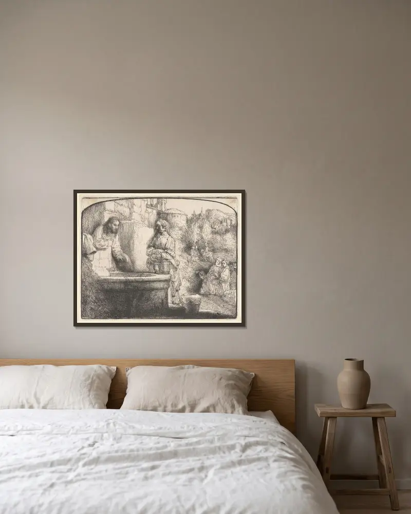 Christus und die Samariterin von Rembrandt van Rijn gerahmt an einer Wand