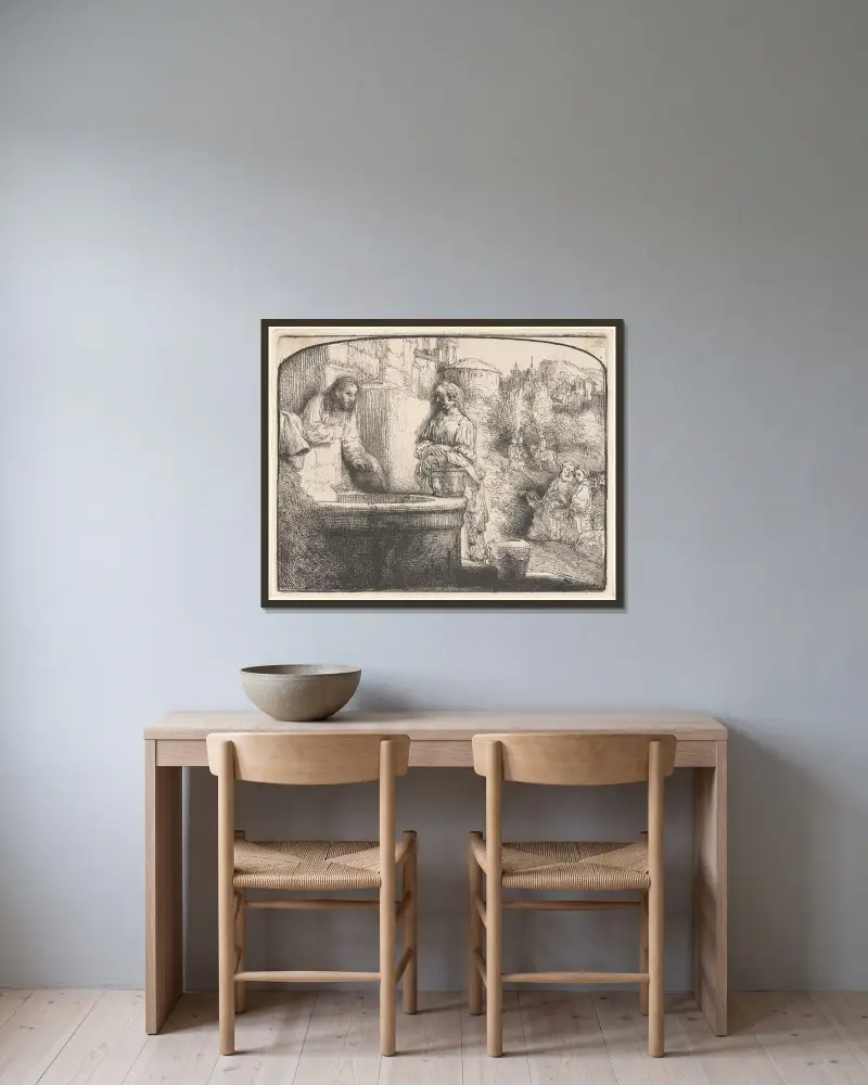 Christus und die Samariterin von Rembrandt van Rijn gerahmt an einer Wand