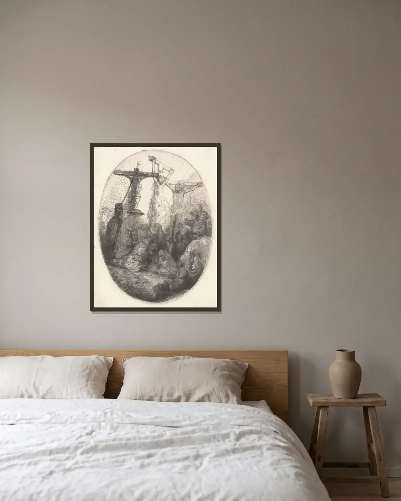 Christus am Kreuz zwischen den beiden Schächern, 1641 von Rembrandt van Rijn gerahmt an einer Wand