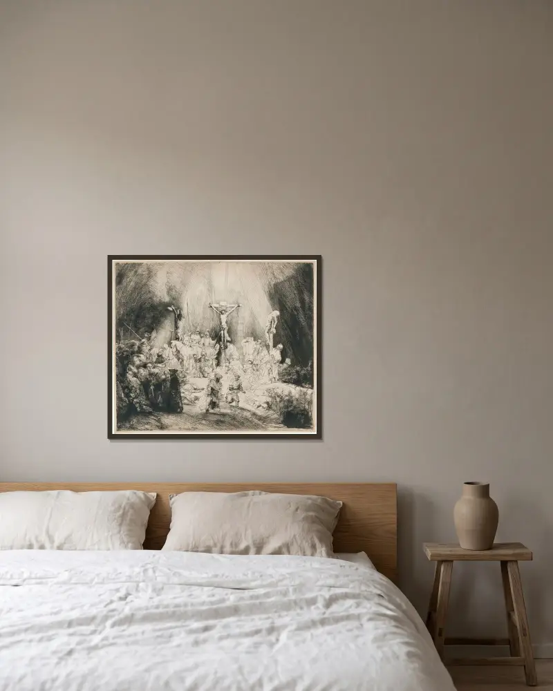 Kristus korsfäst mellan de två rövarna: 'De tre korsen', 1653 – nr 3 av Rembrandt van Rijn inramad på en vägg