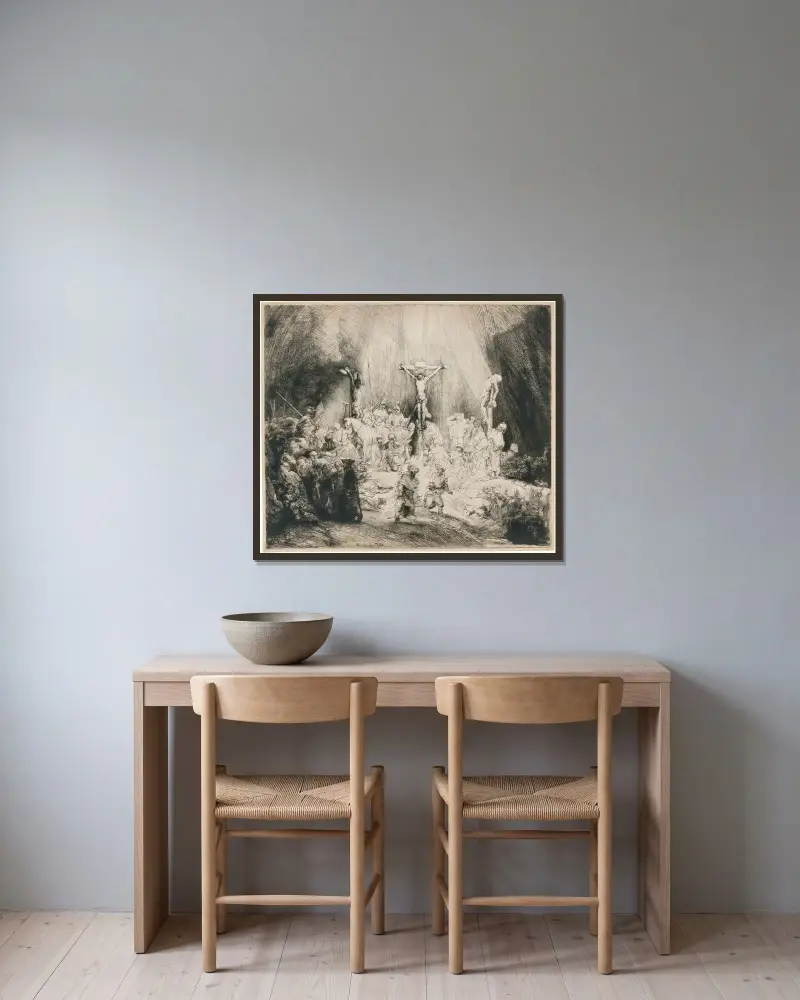 Kristus korsfäst mellan de två rövarna: 'De tre korsen', 1653 – nr 3 av Rembrandt van Rijn inramad på en vägg