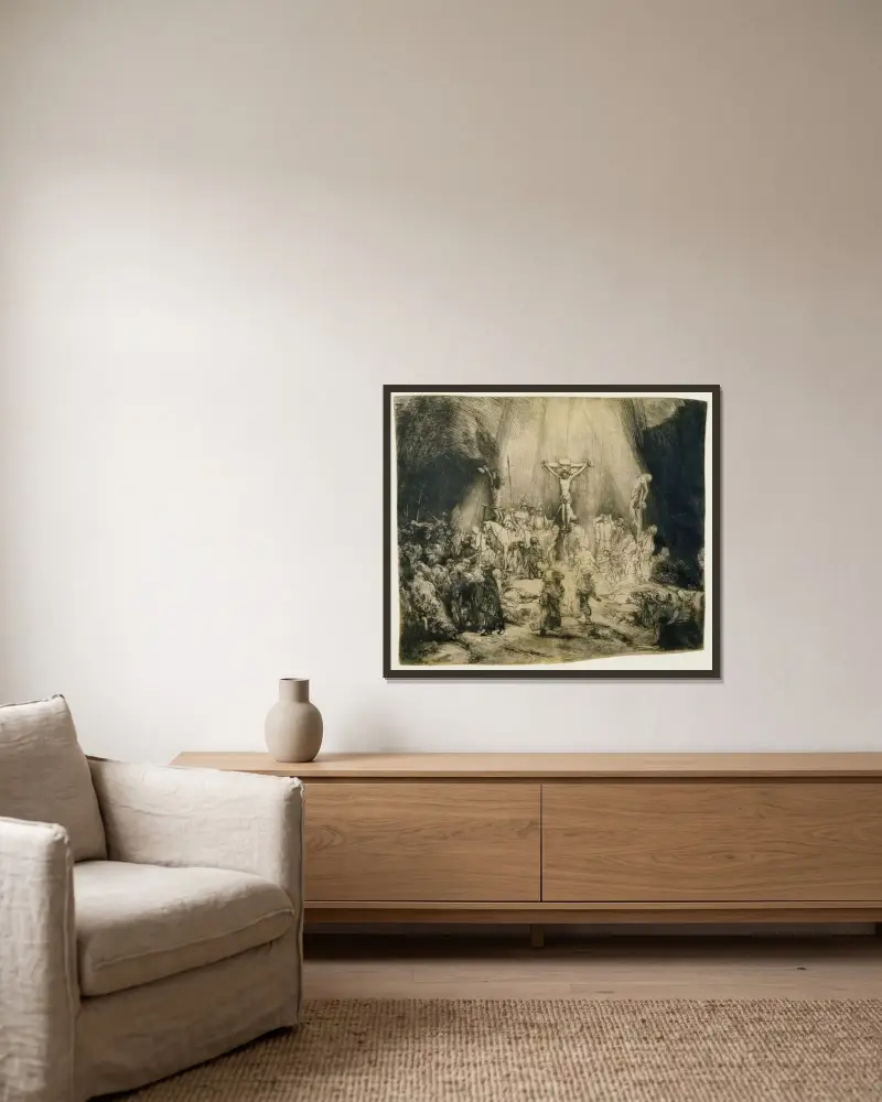 Kristus korsfäst mellan de två rövarna; 'De tre korsen', 1653 – nr 1 av Rembrandt van Rijn inramad på en vägg