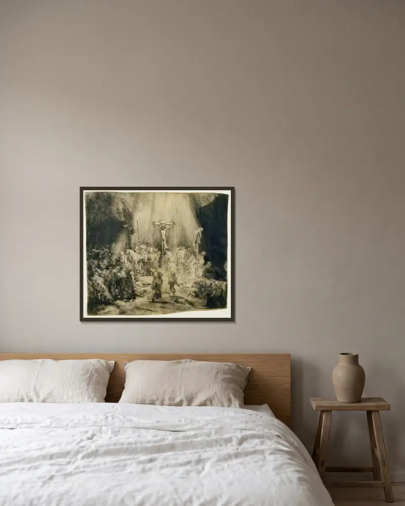 Kristus korsfäst mellan de två rövarna; 'De tre korsen', 1653 – nr 1 av Rembrandt van Rijn inramad på en vägg