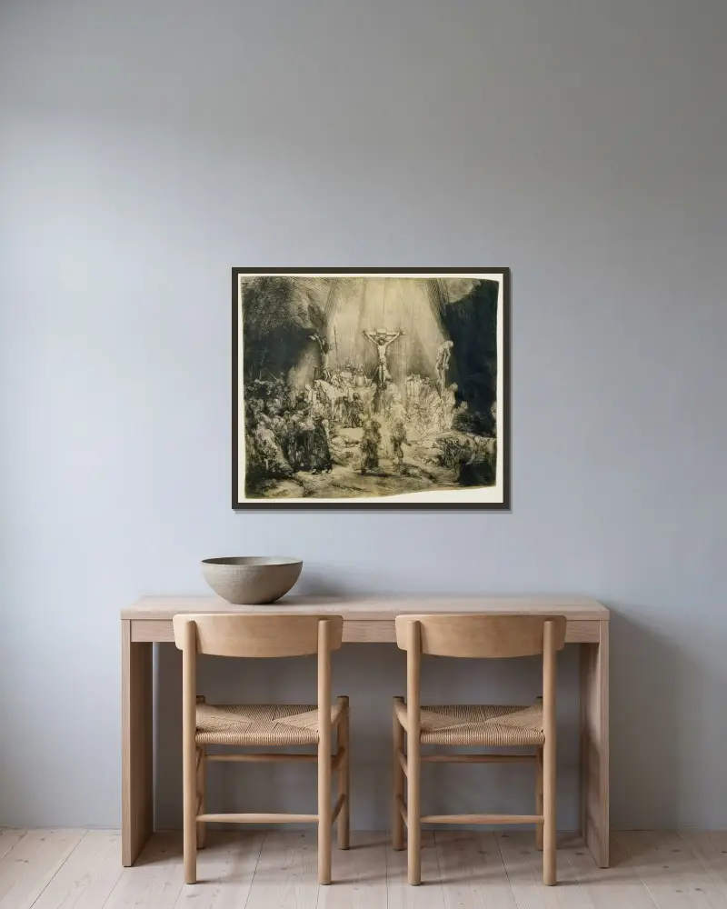 Kristus korsfäst mellan de två rövarna; 'De tre korsen', 1653 – nr 1 av Rembrandt van Rijn inramad på en vägg