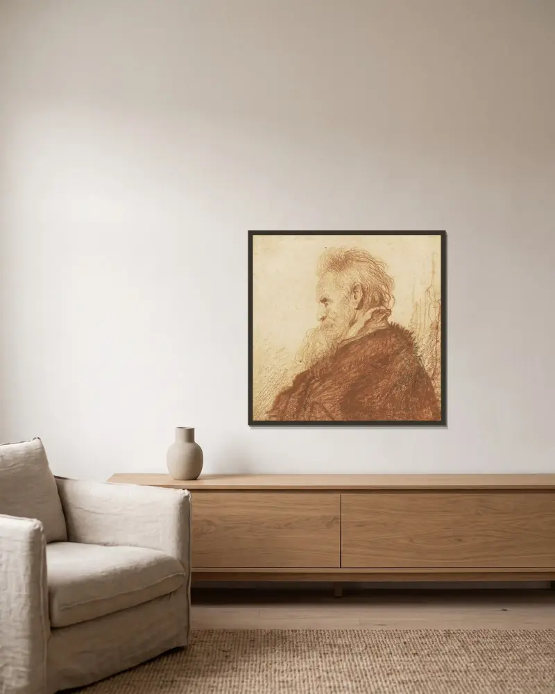 Huvud av en gammal man (rektos) av Rembrandt van Rijn inramad på en vägg