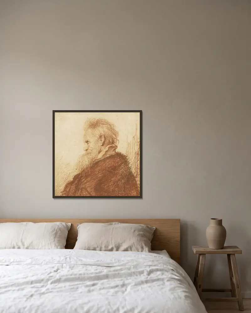 Huvud av en gammal man (rektos) av Rembrandt van Rijn inramad på en vägg