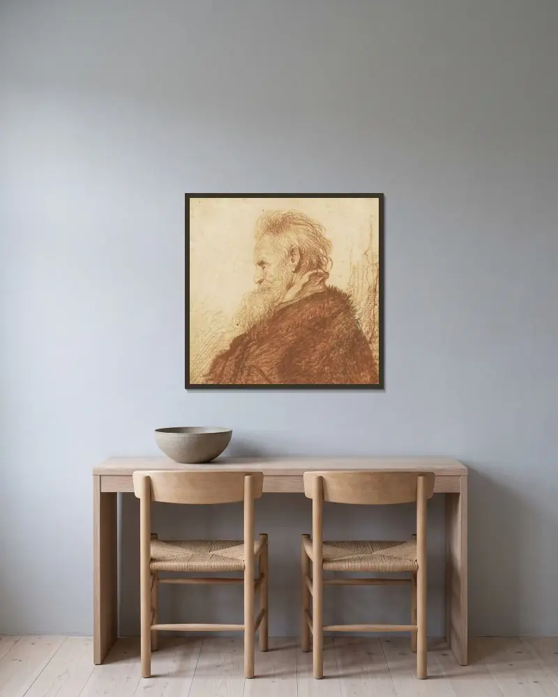 Huvud av en gammal man (rektos) av Rembrandt van Rijn inramad på en vägg