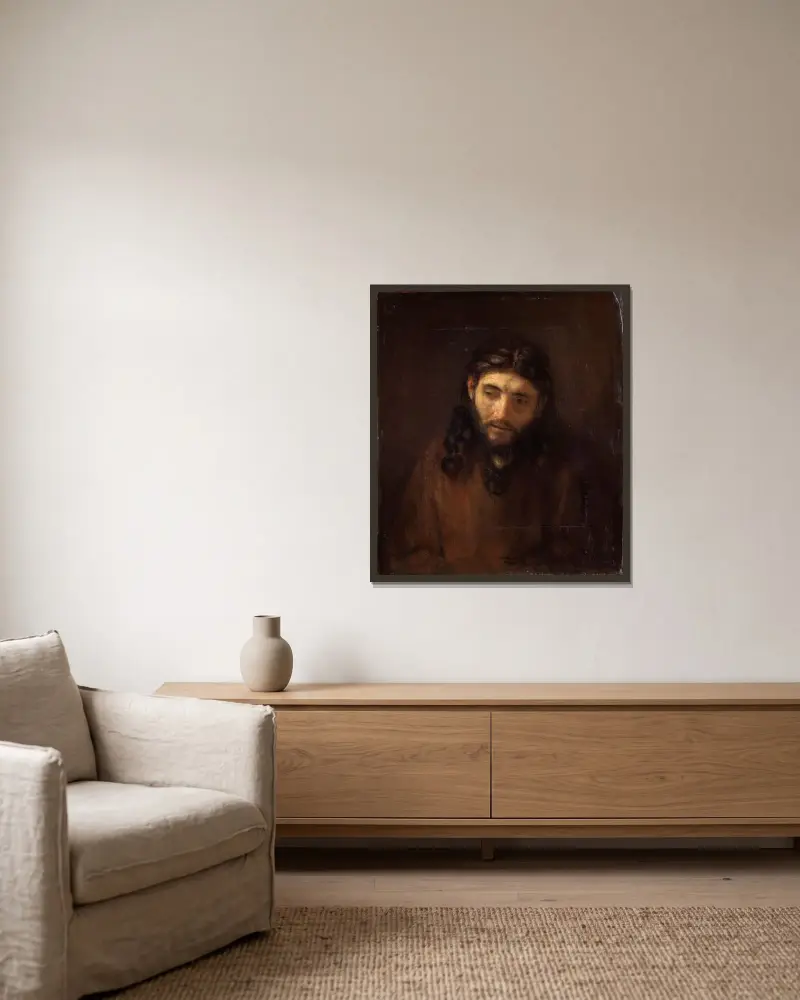 Head Of Christ av Rembrandt van Rijn inramad på en vägg