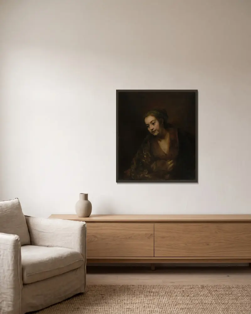 Hendrickje Stoffels (1626–1663) av Rembrandt van Rijn inramad på en vägg