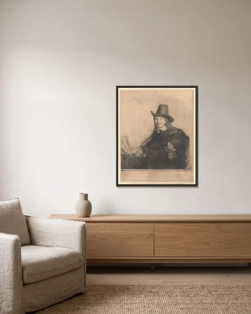 Jan Asselijn, Painter (Krabbetje) av Rembrandt van Rijn inramad på en vägg