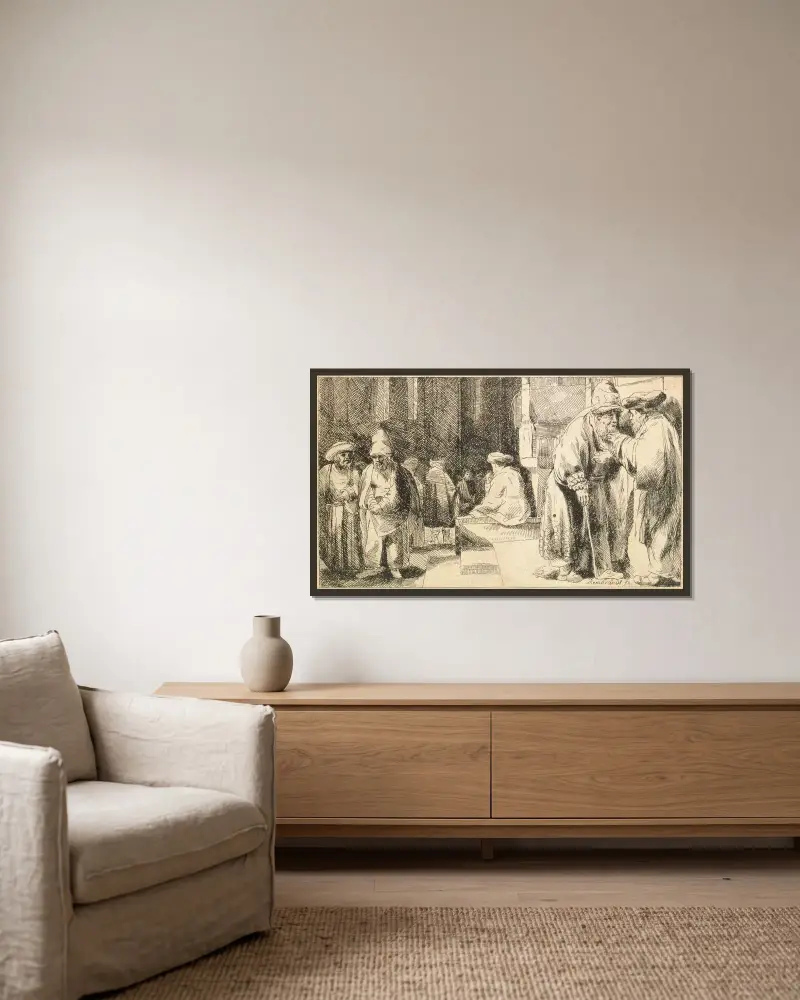 Jews in the Synagogue av Rembrandt van Rijn inramad på en vägg