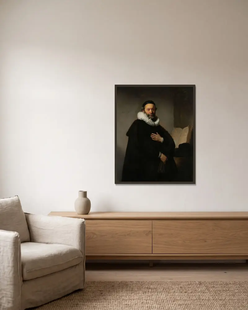 Johannes Wtenbogaert von Rembrandt van Rijn gerahmt an einer Wand