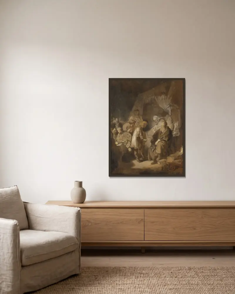 Joseph telling his dreams av Rembrandt van Rijn inramad på en vägg