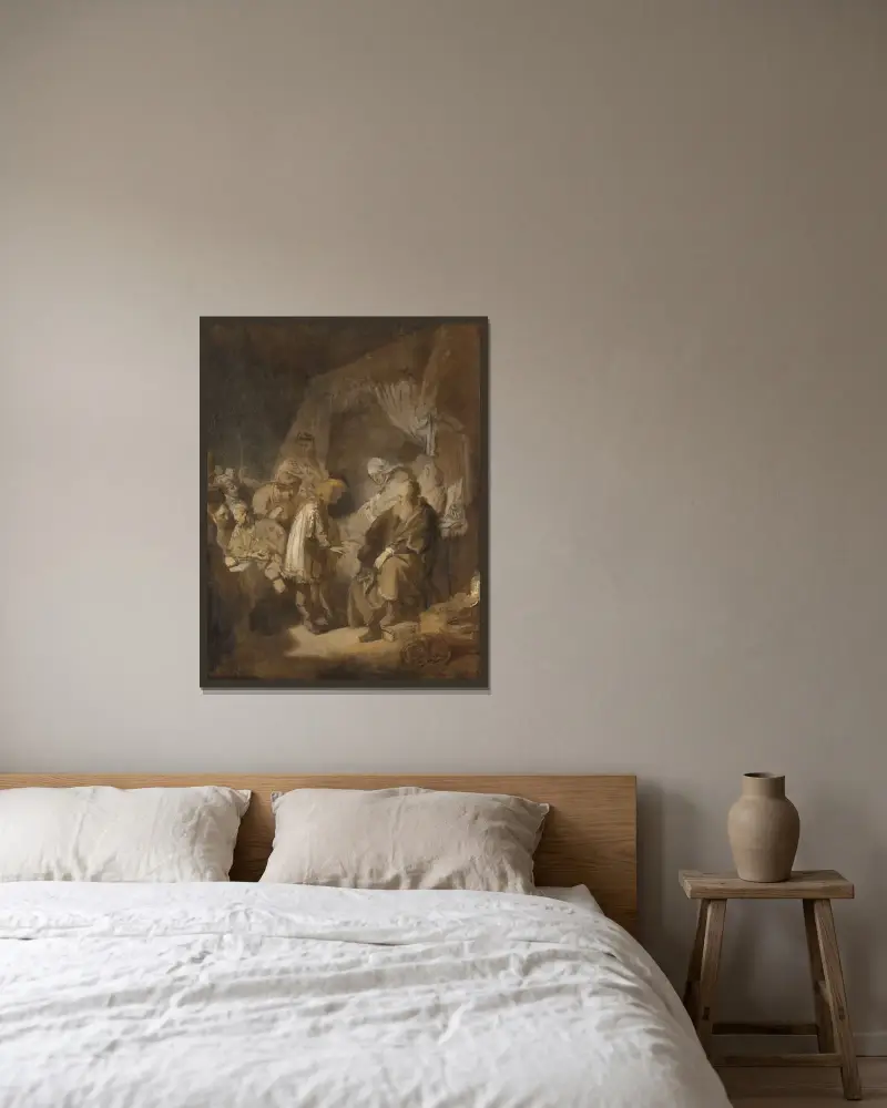 Joseph telling his dreams av Rembrandt van Rijn inramad på en vägg