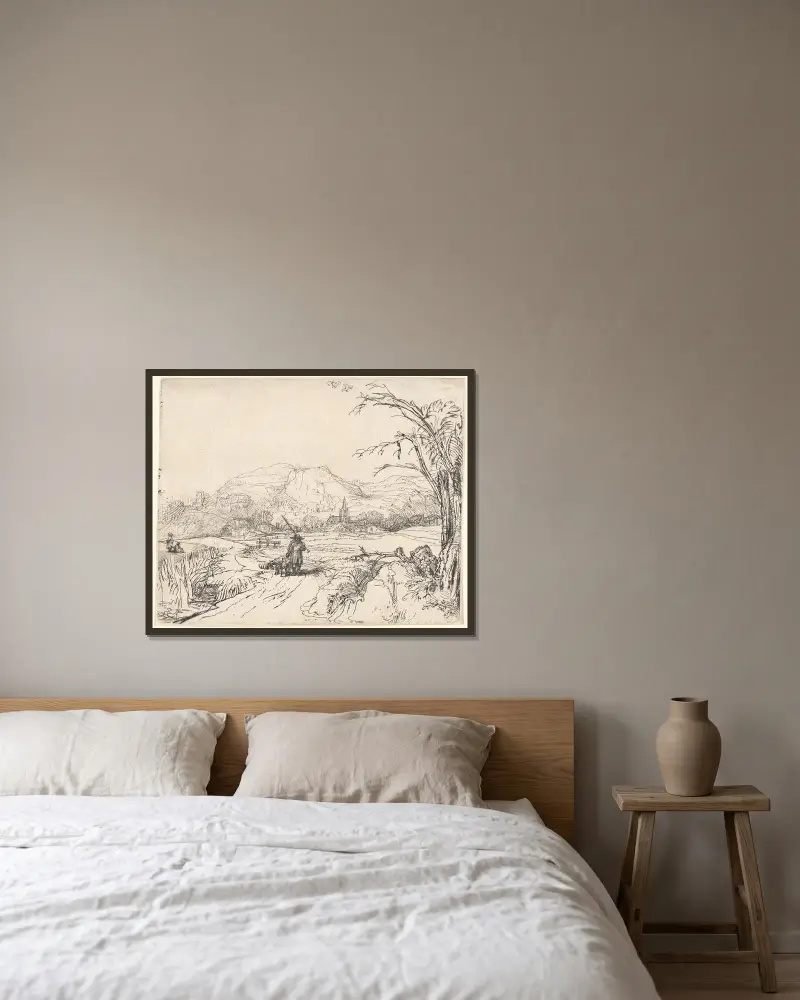 Landskap med jägare och hund av Rembrandt van Rijn inramad på en vägg