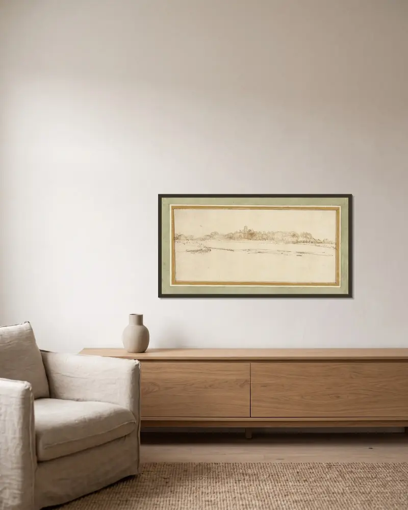 Landschaft mit dem Haus mit dem kleinen Turm von Rembrandt van Rijn gerahmt an einer Wand