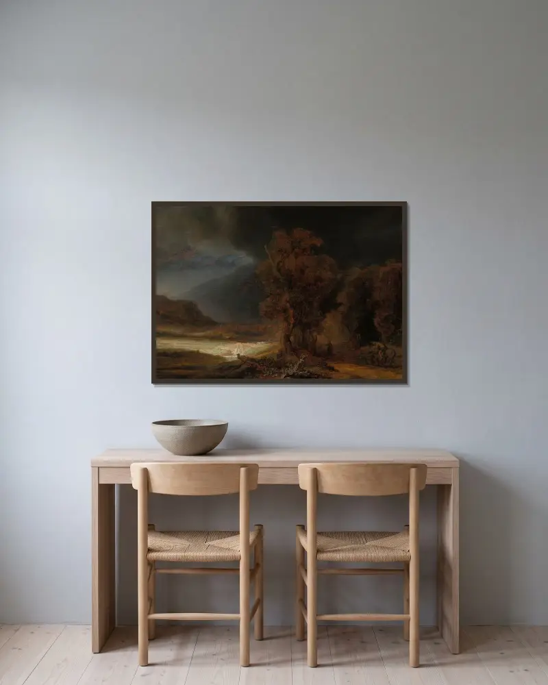 Landskap med den barmhärtige samariern av Rembrandt van Rijn inramad på en vägg