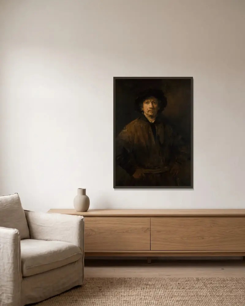Large Self-Portrait av Rembrandt van Rijn inramad på en vägg