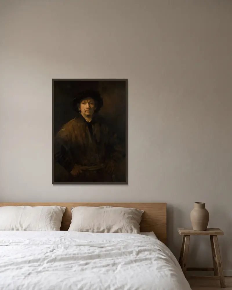 Large Self-Portrait av Rembrandt van Rijn inramad på en vägg