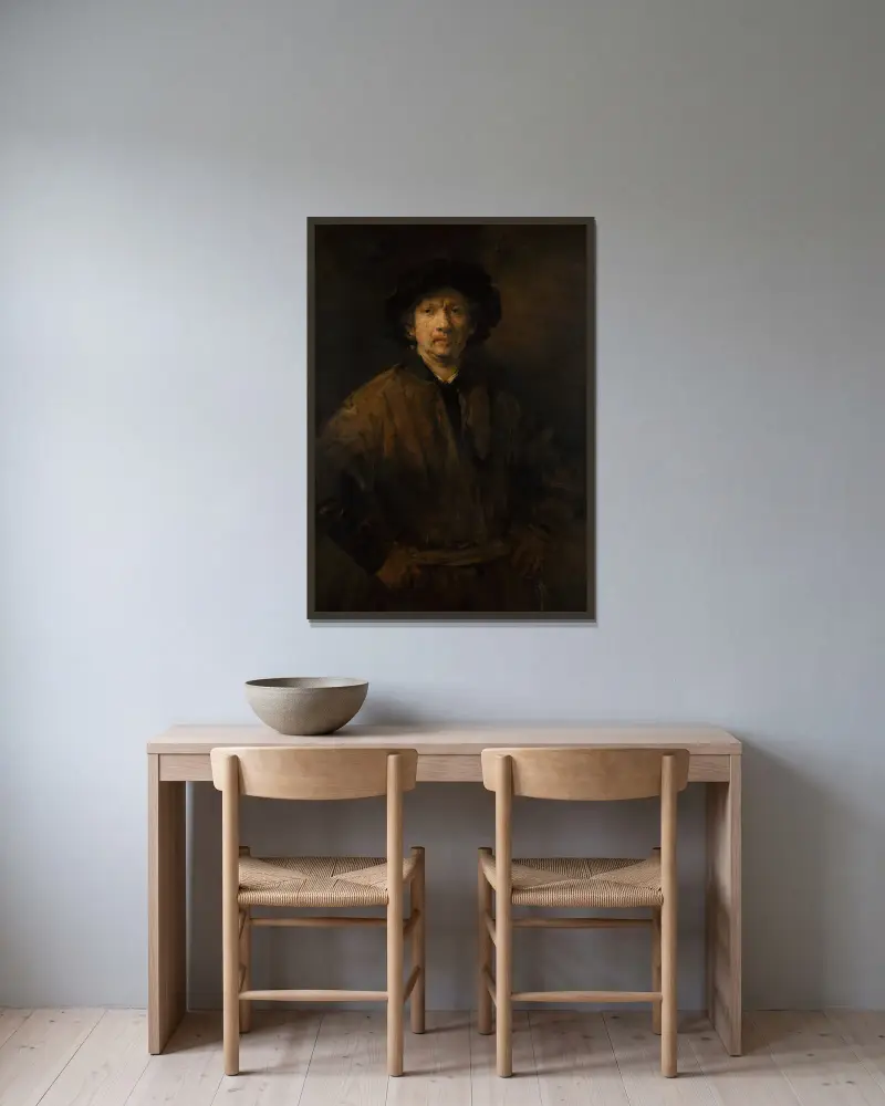 Large Self-Portrait av Rembrandt van Rijn inramad på en vägg