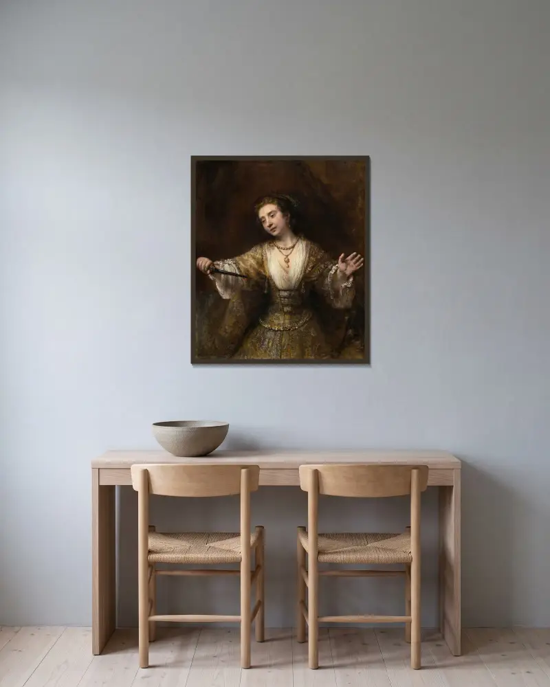 Lucretia, 1664 av Rembrandt van Rijn inramad på en vägg