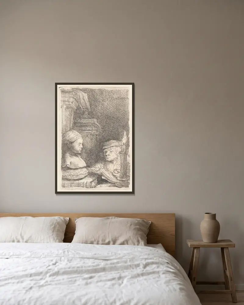 Mann, nach einem Gipsabguss zeichnend von Rembrandt van Rijn gerahmt an einer Wand