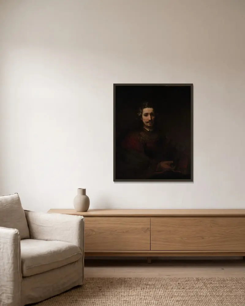 Mann mit dem Vergrößerungsglas von Rembrandt van Rijn gerahmt an einer Wand