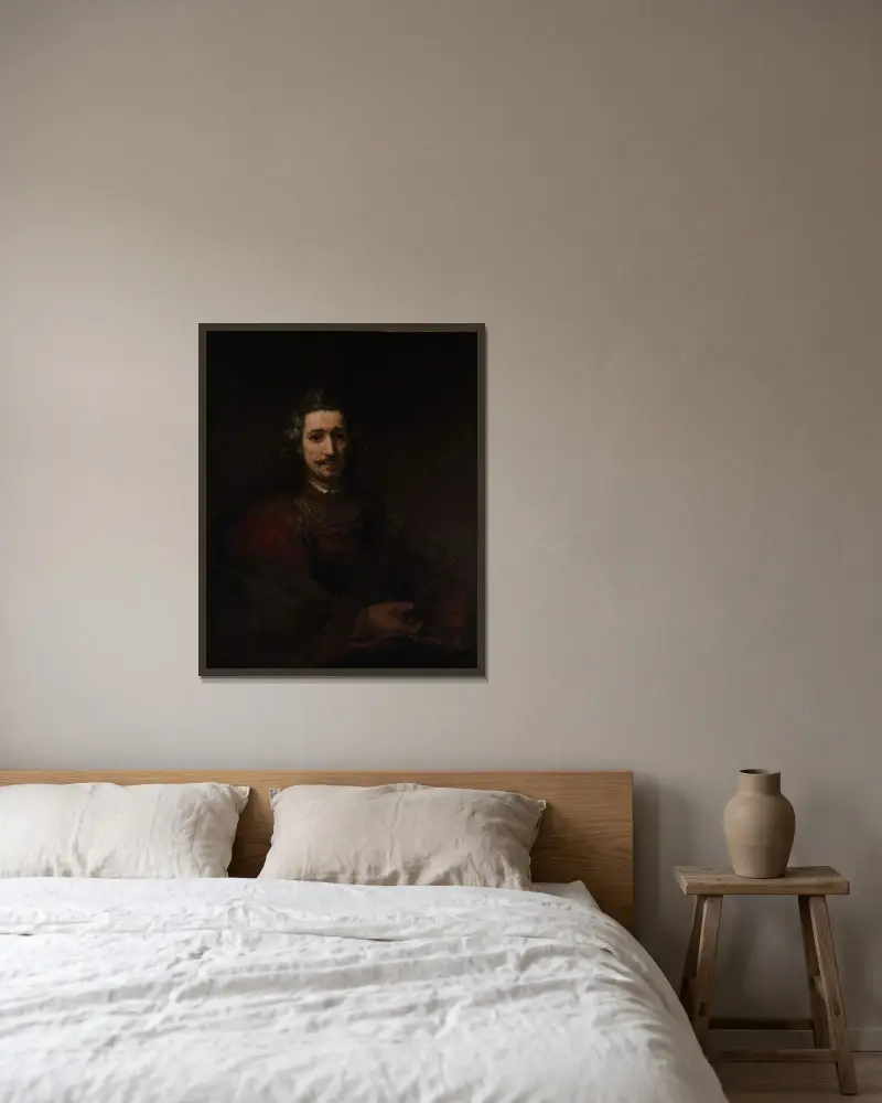 Mann mit dem Vergrößerungsglas von Rembrandt van Rijn gerahmt an einer Wand