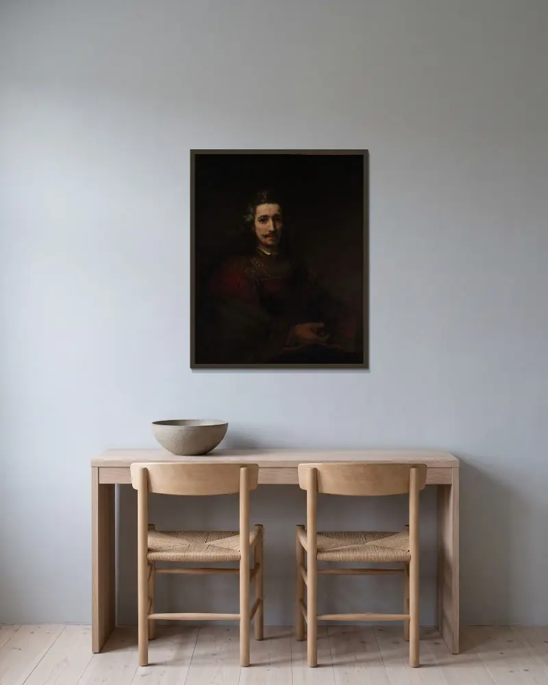 Mann mit dem Vergrößerungsglas von Rembrandt van Rijn gerahmt an einer Wand