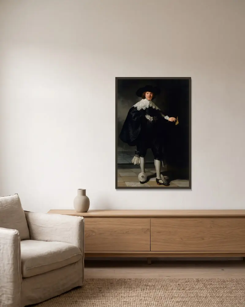 Marten Soolmans av Rembrandt van Rijn inramad på en vägg